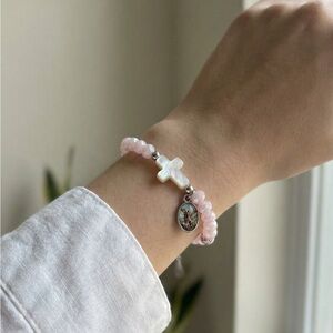 Elegant Pink Beaded Bracelet with Cross Charm